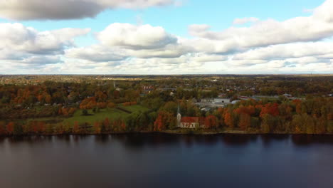 Autumn-Aerial-Landscape-of-Koknese-Evangelical-Lutheran-Church-and-River-Daugava-Located-in-Koknese-Latvia