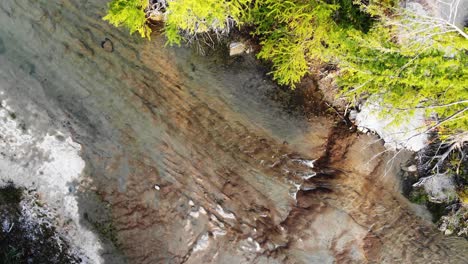 Aerial---high-above-top-down-view-of-the-river-where-water-is-breaking-into-3-strands-forming-small-waterfalls
