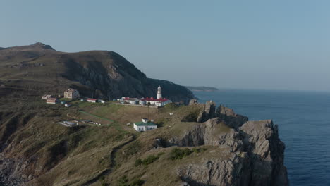 Aerial-pivot-shot-of-Gamov-lighthouse-building-complex,-standing-on-steep-rocky-cliff,-with-green-grass-hill,-on-the-sunset