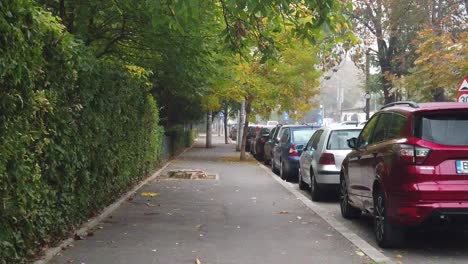 Bucharest,-Romania---October-:-Walking-on-the-foggy-street-of-Bucharest,-walk-on-the-alley-in-the-morning,-autumn-season