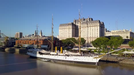 Aerial-of-Sarmiento-Frigate-and-Argentina-Ministry-of-Defense-in-Puerto-Madero,-Buenos-Aires