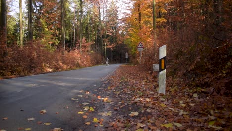 Motorcyclist-is-driving-on-a-street-through-a-orange-colored-autumn-forest