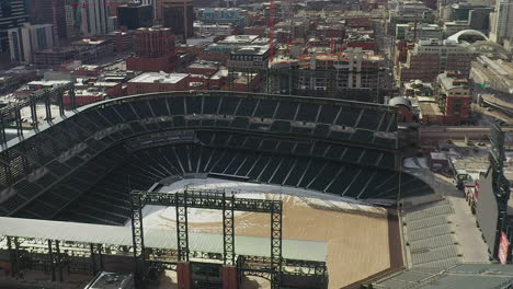 Aerial-Drone-footage-of-Coors-Field-and-construction-cranes-in-Downtown-Denver,-Colorado