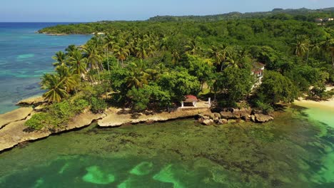 Tropical-travel-destination-with-green-lush-palm-trees-on-rocky-coastline-with-clear-shallow-water,-Nagua,-Dominican-Republic,-overhead-backward-rising-aerial