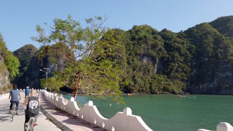 Andar-En-Bicicleta-En-Una-Carretera-En-La-Jungla-De-La-Isla-Con-Hermosos-Paisajes-Kársticos,-Toma-Aérea-De-Seguimiento