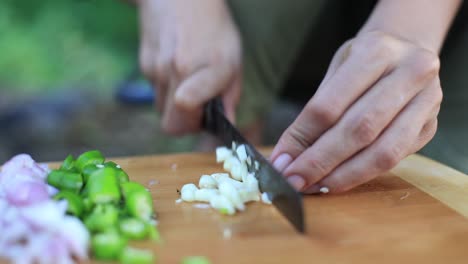 Chef-Cortando-Ajo-En-La-Tabla-De-Cortar-Con-Un-Cuchillo,-Material-De-Archivo-De-Cocina,-Material-De-Archivo-De-Cocina,-Material-De-Archivo-De-Productos-De-Arcilla