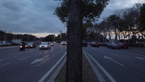 View-from-street-median-as-cars-drive-by-on-both-sides-of-busy-road-at-night