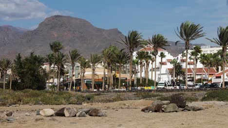 Blick-Auf-Menschen,-Die-Am-Strand-Entlang-Gehen,-Mit-Bergen-Im-Hintergrund