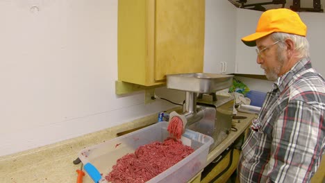 Hunter-is-monitoring-electric-meat-grinder-while-pushing-chunks-of-wild-game-meat-into-hopper-of-grinder