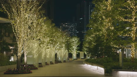 Pavement-Sidewalk-With-Line-Of-Trees-Decorated-With-Hanging-Christmas-Strings-Lights-In-City-During-Night-At-Tokyo,-Japan