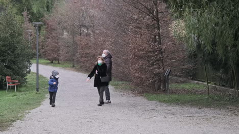 Großeltern-Mit-Enkelkind,-Während-Sie-Eine-Medizinische-Masken-Tragen,-Die-Im-Winter-Im-Park-Genießen