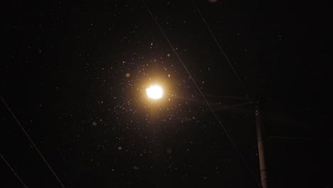 Lonely-street-light-in-the-night-with-snowflakes-falling-in-the-dark