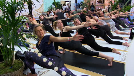 Eine-Anzeige-Von-Yoga-Auf-Der-Omyoga-Show,-Alexandra-Palace,-London