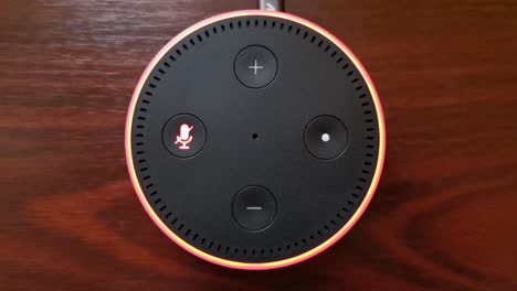 Nahaufnahme-Eines-Mädchens,-Das-Die-Stummschalttaste-Auf-Dem-Alexa-Echo-Dot-Amazon-Gerät-Drückt