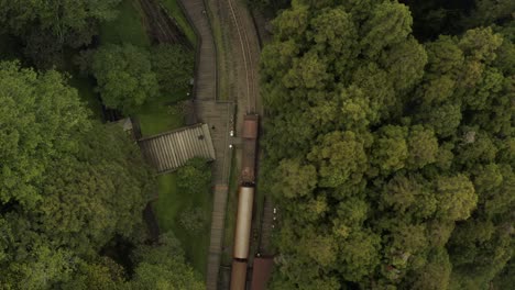 Aerial-following-shot-of-a-commuter-train-moves-on-the-forest-at-foggy