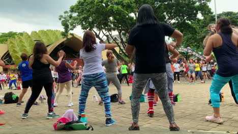 Group-of-people,-mostly-women-doing-Zumba-Dancing-in-the-park