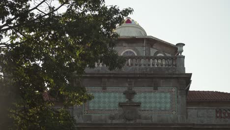 Palacete-Pinto-Leite-building-seen-from-outside-during-sunset,-Porto,-Portugal