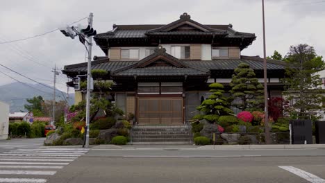 residential-house-near-pedestrian-lane,-still-eye-level-full-shot