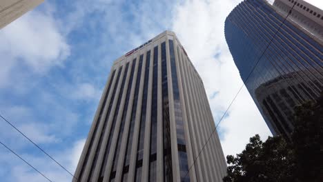 Skyscrapers-look-up-clouds-moving-in-high-wind-in-san-francisco-california-financial-district