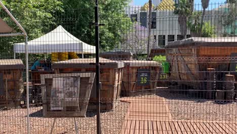 Large-wooden-fossil-crates-at-the-La-Brea-Tar-Pits-excavation-site-where-Paleontologists-continue-to-excavate,-clean,-examine,-and-provide-new-data-artifacts-for-the-museum