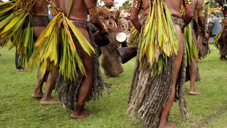 Leaves-and-skirts-sway-as-Papua-New-Guinea-dancers-perform,-slow-motion