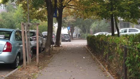 Bucharest,-Romania---October-:-Walking-on-the-foggy-street-of-Bucharest,-walk-on-the-alley-in-the-morning,-autumn-season