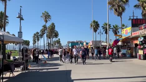 Gente-Caminando-Por-El-Famoso-Paseo-Marítimo-De-Venice-Beach-En-El-Sur-De-California-Bordeado-De-Palmeras-Icónicas-Del-Sur-De-California