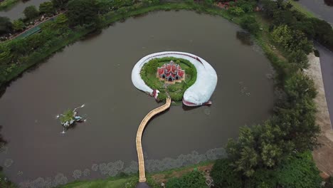 Aerial-Approaching-to-Mount-Meru-aka-Sumeru-Mountain-Temple-Replica-From-Buddhist-Cosmology,-Ancient-Siam-City-Park,-Thailand