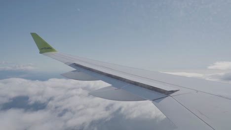 Airplane-flaps-retracting-while-flying-above-beautiful-clouds