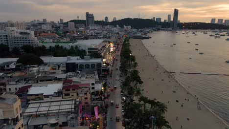 Aerial-of-Pattaya-Beach-Road--Boulevard-at-Sunset