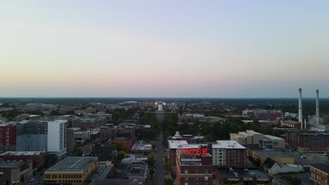 Missouri---Downtown-Aerial-Drone-View-of-Streets-in-Columbia,-Mo