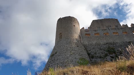 Low-angle-panning-view-of-Ladyhawke-castle-at-Rocca-Calascio,-Italy
