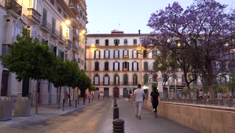 Handaufnahme-Von-Menschen,-Die-In-Der-Dämmerung-Zum-Geburtsort-Von-Picasso-Gehen,-Neben-Der-Plaza-De-La-Merced,-Malaga