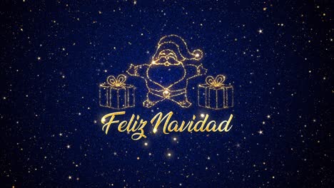 Beautiful-Seasonal-animated-motion-graphic-of-Santa-Clause-with-gifts-depicted-in-glittering-particles-on-a-starry-background,-with-the-seasonal-message-�Feliz-Navidad�-appearing