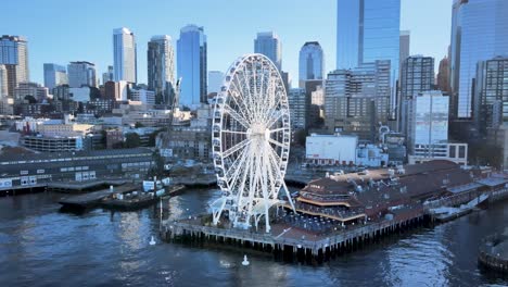 Slow-aerial-orbit-of-the-Great-Wheel-and-Seattle-waterfront-and-city-skyline