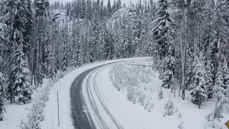 A-snowy-road-sits-covered-in-ice,-surrounded-by-forest