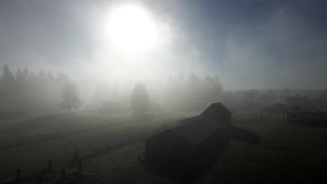 Morning-advection-fog-rises-over-a-small-farm-as-the-sunshine-streams-through-the-forest,-aerial