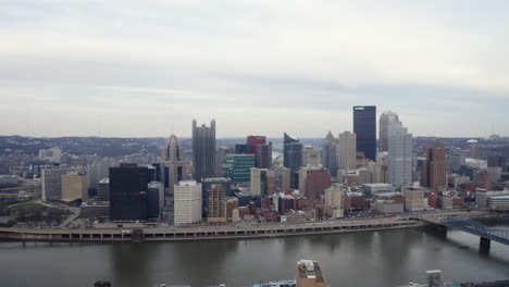 Reveal-drone-shot-of-Pittsburgh-skyline-across-the-river