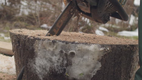 Parallax-slow-motion-shot-of-chainsaw-blade-entering-a-log-on-the-ground