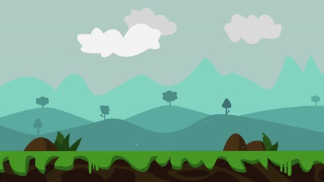 Schöne-Und-Lustige-Hintergrundanimation-Einer-Berglandschaftsillustration-Mit-Bäumen,-Gras,-Sich-Bewegenden-Wolken-Und-Fallendem-Schnee,-Flacher-Karikaturstil