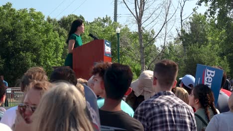 About-2500-people-gathered-for-Bernie-Sanders-Political-rally-in-San-Jose,-CA-as-female-Asian-politician-speaks-at-Guadalupe-River-East-Arena-Green-as-he-campaigns-for-presidential-election-2020