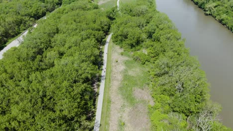 Bird's-eye-view-over-several-cyclists-on-a-bike-trail-in-the-forest