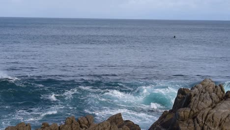 Multiple-waves-splashing-against-rocks-along-shoreline,-Pacific-Grove-California,-Monterey-Bay