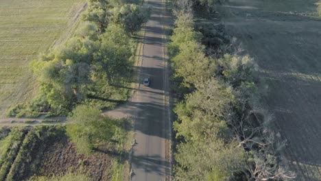 Antenne-Nach-Auto-Vogelperspektive-Kamerafahrt-Grüne-Bäume-Und-Grüne-Wiese