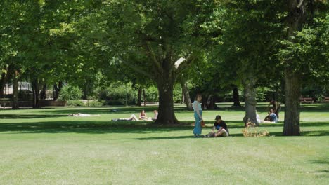 Parque-De-La-Ciudad-Del-Lago-Városligeti,-Gente-Pasando-Por-El-Parque,-Descansando,-Tomando-El-Sol,-Picnic