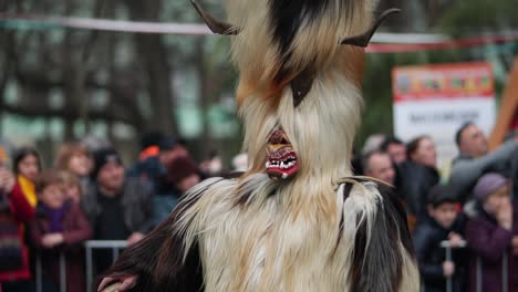 Hairy-mask-on-a-long-head-with-horns,-part-of-a-costume-of-a-bulgarian-kuker