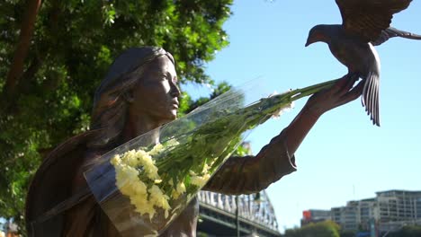 Estatua-Conmemorativa-De-La-Mujer-Vietnamita-Con-Una-Paloma,-En-El-Parque-Del-Capitán-Burke,-Debajo-Del-Puente-De-La-Historia-En-El-Corazón-De-Brisbane,-Queensland,-Australia