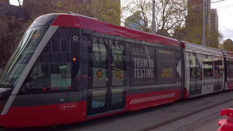 Brand-new-Sydney-Tram-in-Testing-in-the-heart-of-the-city-CBD-near-Town-Hall-and-Queen-Victoria-Building