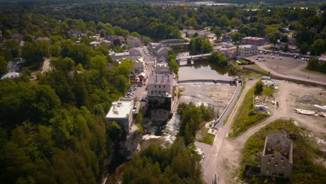 Gorgeous-aerial-of-the-mighty-Grand-River-in-Elora,-Ontario,-home-of-the-picturesque-Elora-Gorge