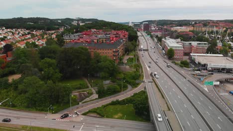 Aerial-view-over-parts-of-Orgryte,-showing-the-big-european-road-E6-in-the-foreground